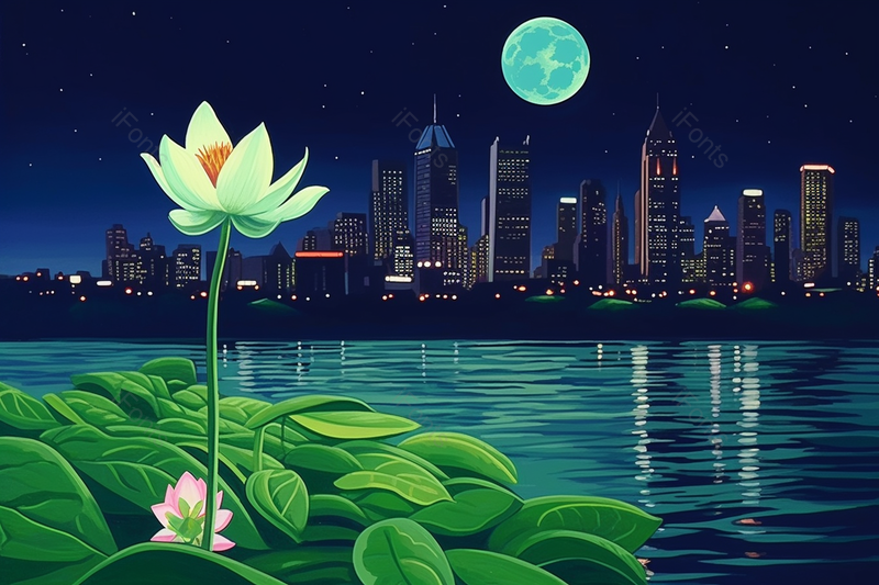 夏天夜晚荷花池风景卡通手绘插画背景,插画/手绘图,插画/手绘图库,插画/手绘图下载,插画/手绘